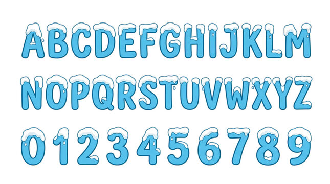 Winter Alphabet And Numbers With Snow Caps - Blue Font
