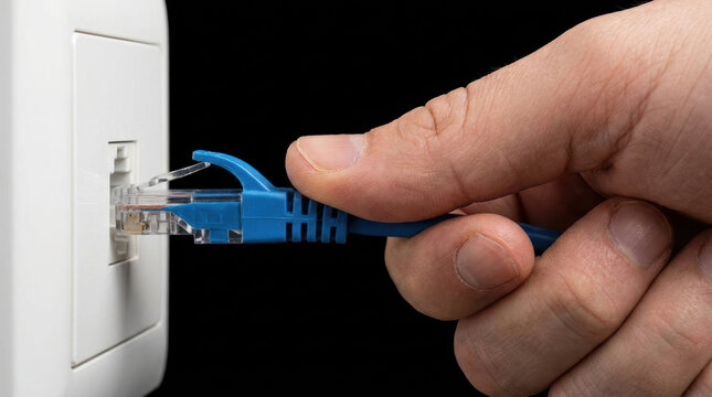 Network cable ethernet plug hand internet connection data computer network tech layoffs and internet outage concept with hand plugging ethernet