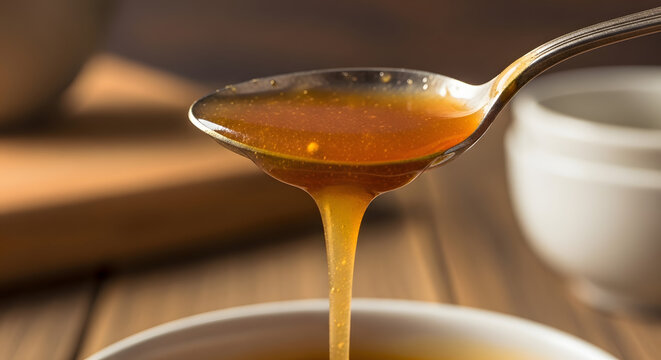 Honey drips slowly from a silver spoon into a small bowl on a warm wooden kitchen surface.