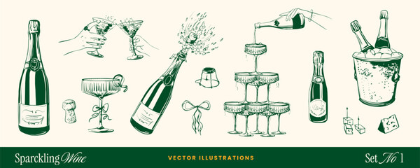 Obraz premium Wine and cheese food doodle sketch icons with Champagne bottle, Wedding Martini glass tower ribbons, bows elements. Hand-drawn vintage vector whimsical illustrations for bachelorette party invitation