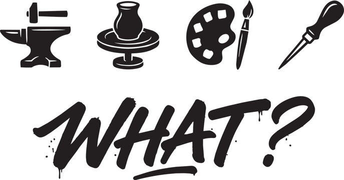 Set of craft and art icons including anvil, pottery wheel, paint palette, and awl with the word what in graffiti style. Vector illustration. Set vector icon. icon set . set icons.