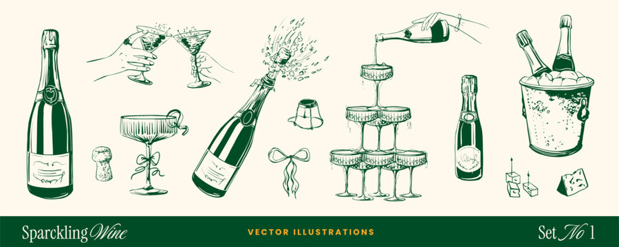 Wine and cheese food doodle sketch icons with Champagne bottle, Wedding Martini glass tower ribbons, bows elements. Hand-drawn vintage vector whimsical illustrations for bachelorette party invitation