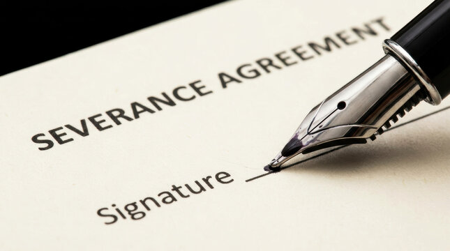 Tech layoffs severance agreement signature pen contract document closeup business employment tech layoffs severance agreement contract document