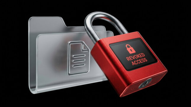 Tech layoffs revoked access padlock on folder symbol for cybersecurity compliance and data privacy concept with red lock on black background