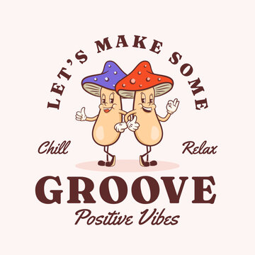 Groovy Mushrooms Retro Psychedelic Characters Banner. Cartoon Shrooms Personage Smiling. Vector Funny Mascot Template Trippy Design. Happy Vintage Cool Y2K Illustration. Isolated