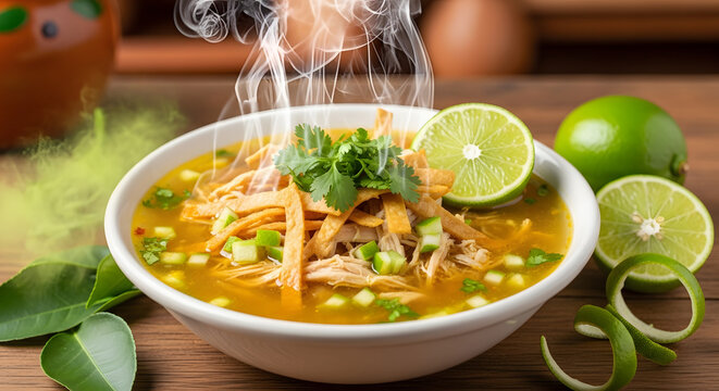 Tortilla soup bowl releases hot steam on a rustic wooden table surrounded by fresh lime slices.