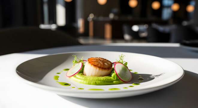 Scallop appetizer sits elegantly on a white plate within a high-end restaurant dining atmosphere.