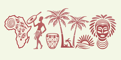 African Culture Elements Silhouette Illustration In Red Brown Tones © Raju