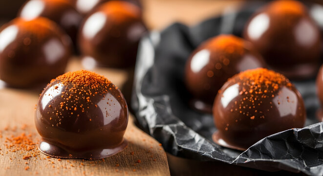 Chocolate truffles with glossy ganache coating sit on a wooden board ready for a gourmet dessert.