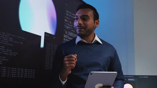 Professional Indian Male Software Engineer Collaborating with team in Tech Office, Looking and Pointing to Coding, AI Model and Data on Screen, Reviewing, Presenting Information to team in Office.