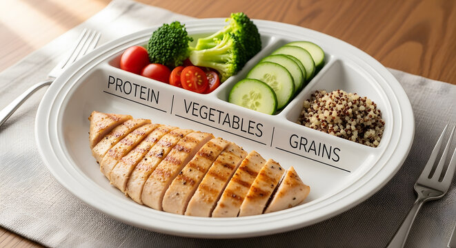 Plate with portion control sections features grilled chicken, fresh vegetables, and healthy grains.
