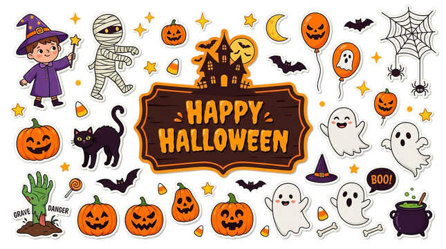 Happy Halloween Collection: Cute Ghosts, Pumpkins, Witch, Mummy, Spooky Castle, Bats