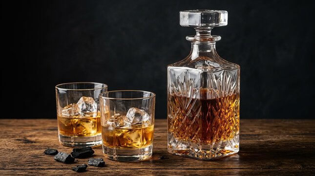 Whiskey Decanter and Glasses with Ice on Wooden Table