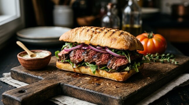 Juicy Steak Sandwich with Red Onion and Greens on Wooden Board