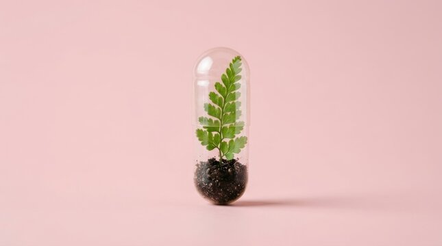 Green Fern Sprout Growing in Transparent Capsule on Pink Background