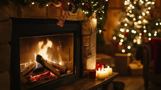 Warm fire crackles in stone fireplace. Soft glow lights up festive Christmas tree. Candles glow on mantelpiece beside fire. Cozy holiday scene with gentle, inviting atmosphere