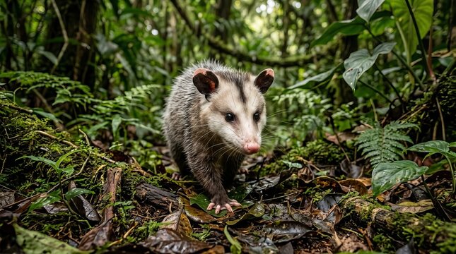 Opossum Walking Through Lush Green Rainforest Undergrowth