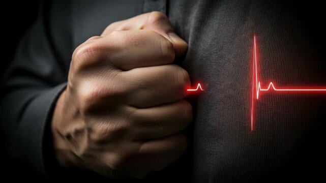 Fist clenched against chest, visualizing heart health, cardiovascular problems, and preventative measures, symbolizing the struggle against heart disease and the importance of treatment