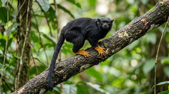 Black Monkey With Orange Feet On Tree Branch In Lush Green Rainforest