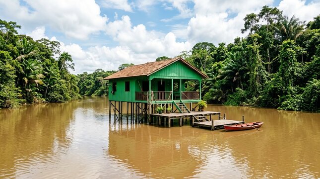 Remote Green Stilt House on Muddy River Surrounded by Lush Amazon Rainforest