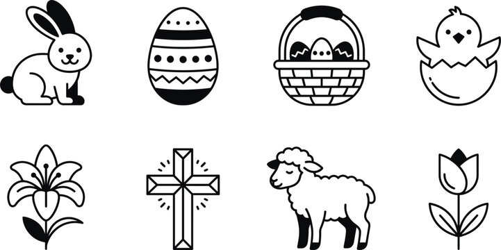 Easter celebration and spring holiday icon set featuring decorated easter egg, woven egg basket, christian cross bow, and cute easter lamb vector symbols.