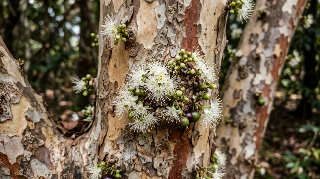 Jabuticaba Tree Trunk with White Flowers and Developing Fruit