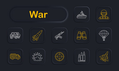 Obraz premium War set icon. Military vessel, combat soldier, armored vehicle, missile launch, assault rifle, binocular surveillance, parachute landing, transport truck, explosion impact, aiming scope, 