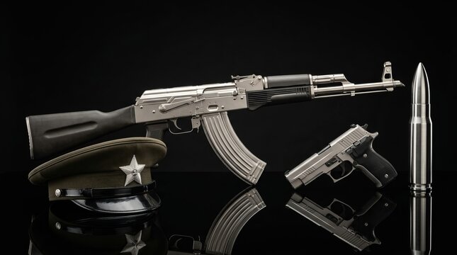 Assault Rifle, Pistol, Bullet, and Military Cap on Black Reflective Surface