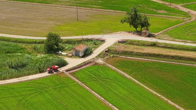 Aerial view of red tractor driving through rice fields and irrigation canals in Ebro Delta, Spain, agricultural landscape with wetlands, rural roads 