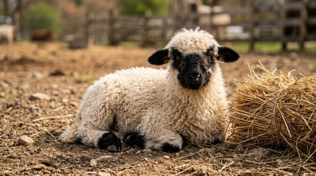 Adorable Black-Faced Lamb Resting in Farmyard Next to Hay Bale