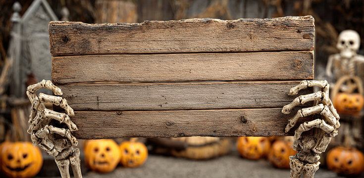 Wooden sign held by skeleton in a Halloween setting with pumpkins and decorations around
