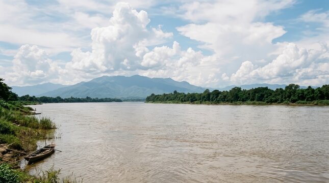 Mekong River Landscape, Mountains, Lush Greenery, Cloudy Sky, Southeast Asia
