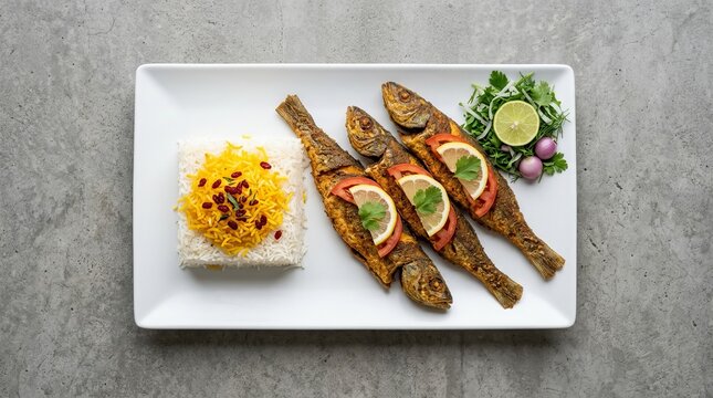 Crispy Fried Fish Platter with Saffron Rice and Fresh Garnish