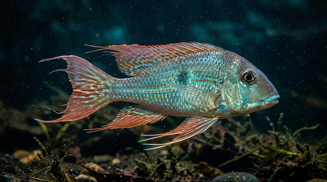 Aquatic Life: A Captivating Geophagus Fish Swimming in a Freshwater Aquarium