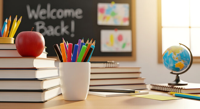 Classroom desk setup with displays wooden desk stack books pencil holder filled pens globe bright classroom