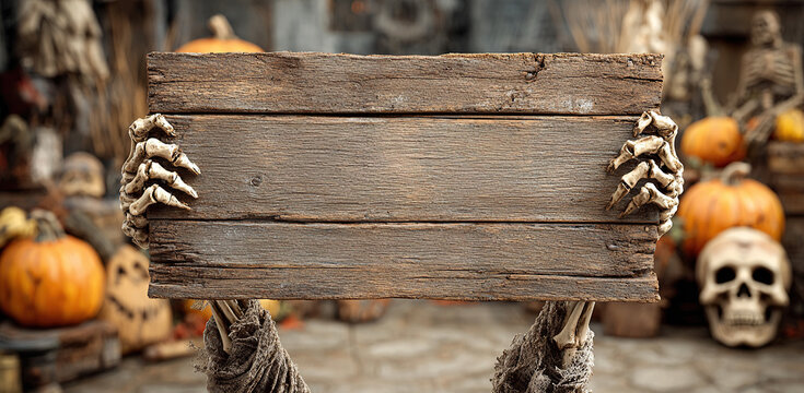 Wooden sign held by skeletons in a Halloween setting with pumpkins and decor