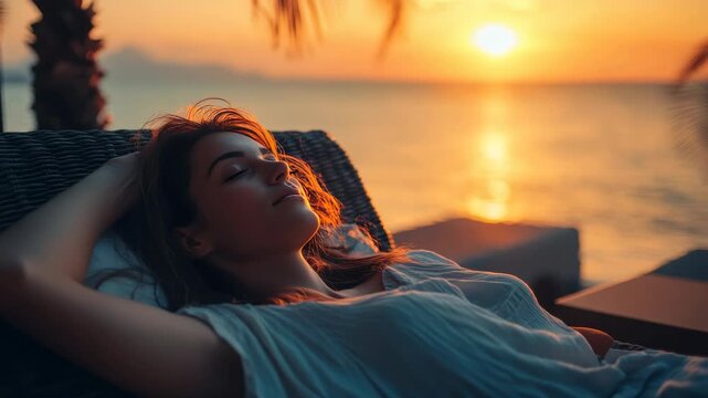 A woman enjoying a peaceful moment on the beach during sunset.