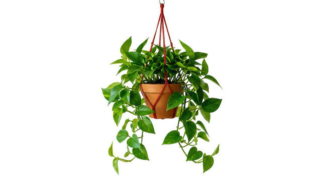 Green pothos plant in a hanging terracotta pot with red macrame rope isolated on transparent background