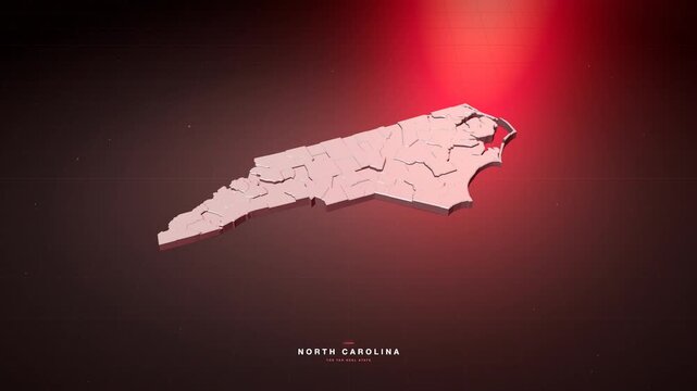 North Carolina USA 3D state map in bold red style, rotating animation seamless loop