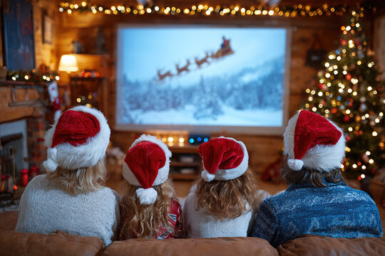 Family watches New Year movie together with projector in cozy living room