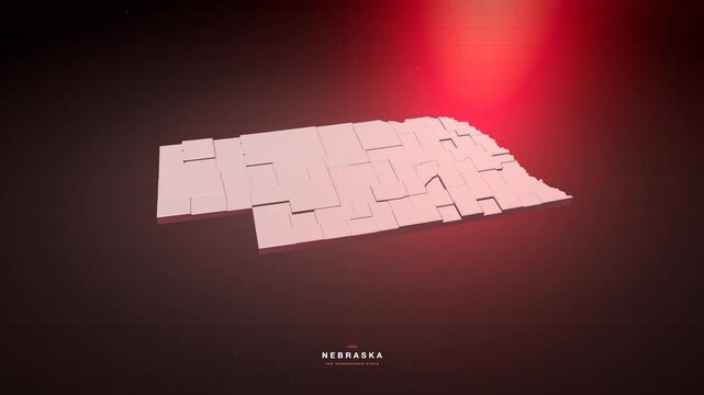 Nebraska USA 3D state map in bold red style, rotating animation seamless loop