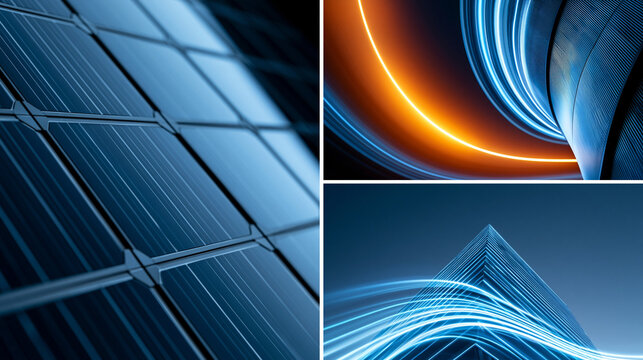 Bildcollage zeigt Solarpaneele und futuristische blaue Architektur