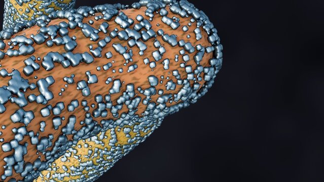 A 3d rendering of rod-shaped bacteria encrusted with surface mineral deposits. The vital role of microbial biomineralization in environmental cleanup, geochemistry, and cellular adaptation.