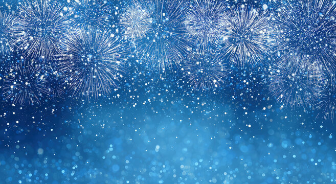 Fireworks display on a blue glitter background for New Year celebration