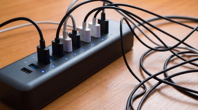 Power strip connects multiple electronic devices with tangled cables sitting on a wooden office table.