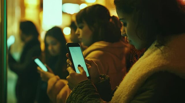 A group of people standing together in the dark looking at their cellphones