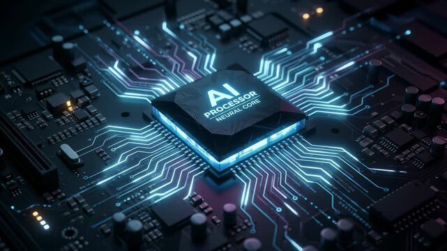 3D AI Processor Neural Core Microchip Animation with Glowing Blue Circuit Motherboard