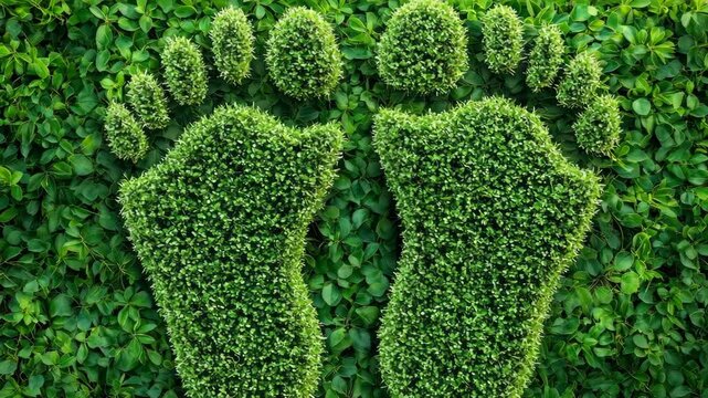 A large garden sculpture made with plants and grasses in the shape of two feet, symbolizing nature's footprint on the earth.
