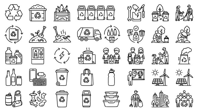 Business and family recycling vector illustration set with waste sorting environmental sustainability garbage management and eco protection concepts isolated on white background