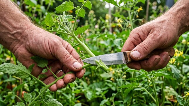 Hands hold a small sharp knife to carefully prune the excess green foliage from a healthy garden plant.